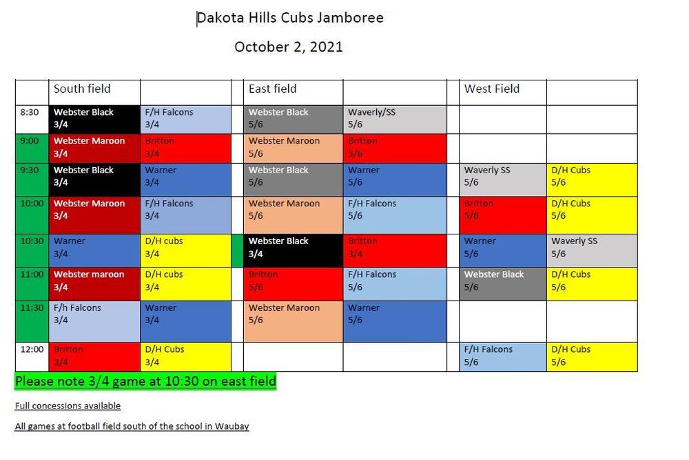 Updated Cubs Jamboree Schedule